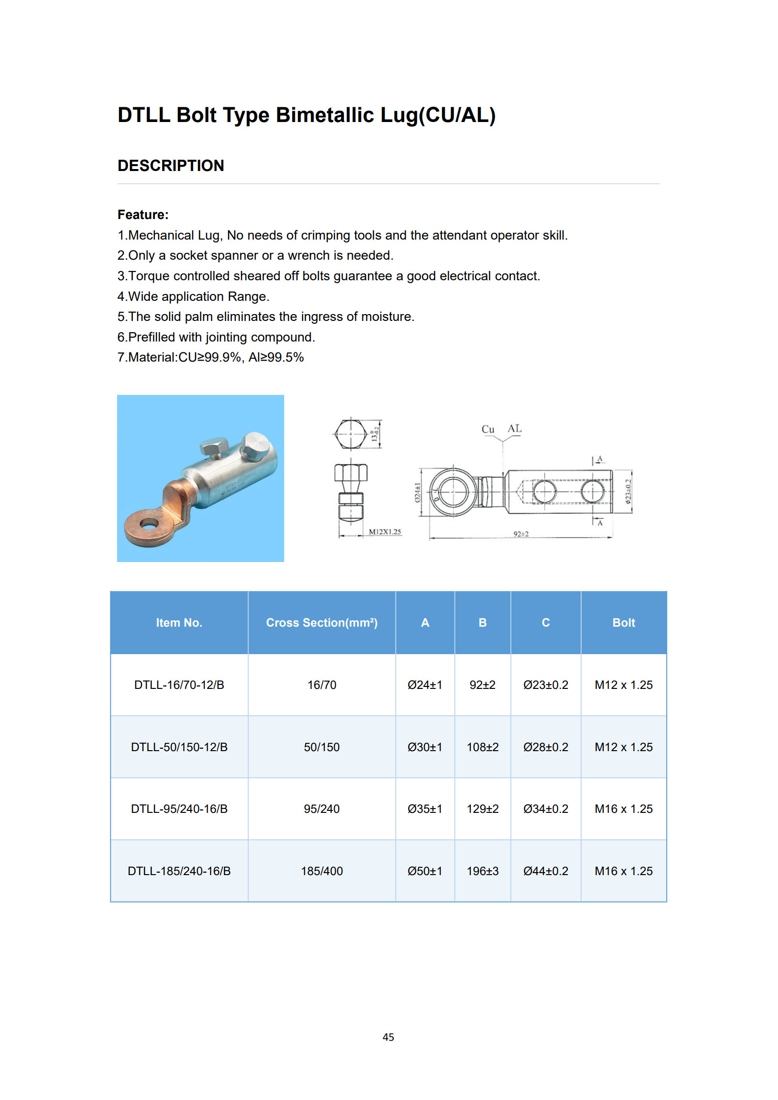 DTLL Bolt Type Bimetal Cable Lugs detail 1